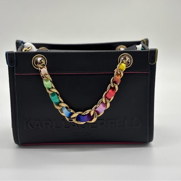 Karl Lagerfeld Black and Pink Leather Crossbody Bag with Multicolor Chain - Picture 12 of 13